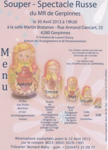 Affiche. Souper - Spectacle Russe du MR de  Gerpinnes. 2013-04-30